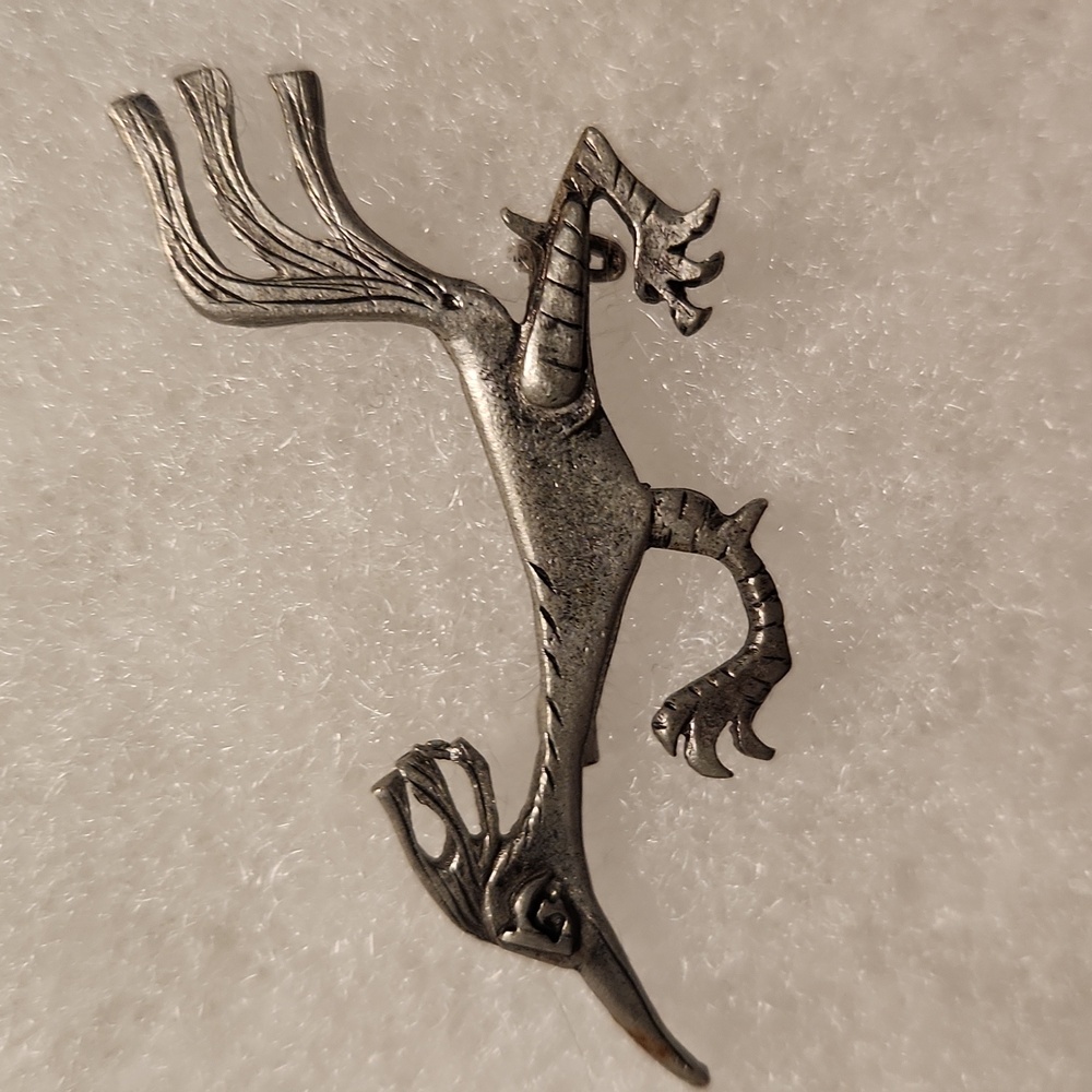 Vintage Metzke Silver-tone roadrunner brooch. 